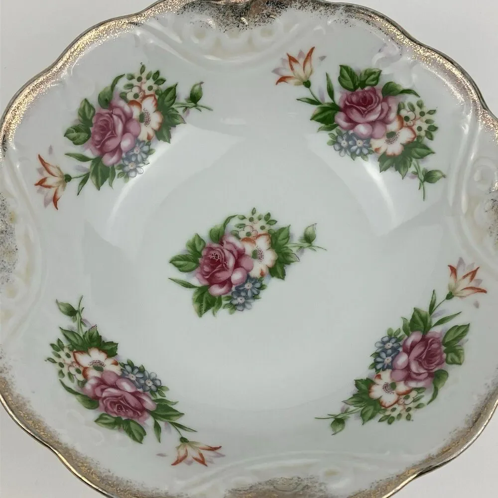 Vintage Porcelain Bowl Set Of 2 Classic Hand-Painted Pink Rose Floral  Gold Edge